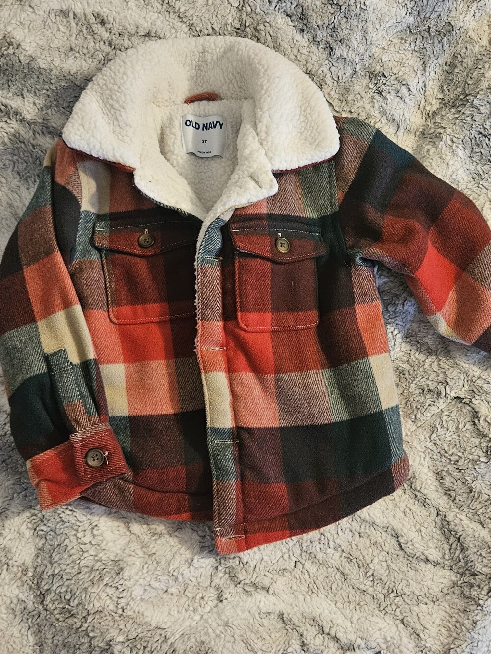 Old Navy Kids' Red, Green & Cream Plaid Sherpa-Lined Jean Jacket
